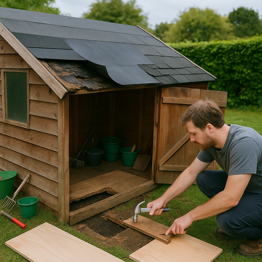 Replacing rotted wooden shed floor panels and reinforcing base with new support beams and boards.