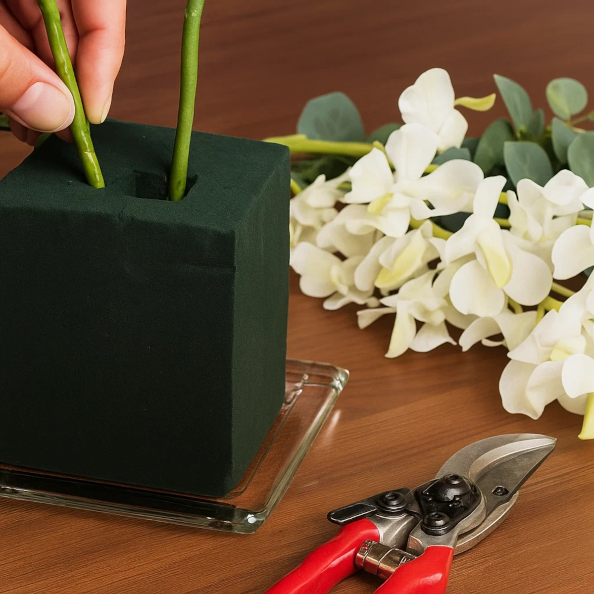 Hand inserting artificial stems into green floral foam block with white flowers and pruners nearby.