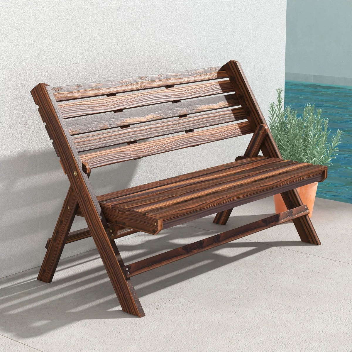 Foldable wooden bench with slatted seat and backrest near a poolside setting.