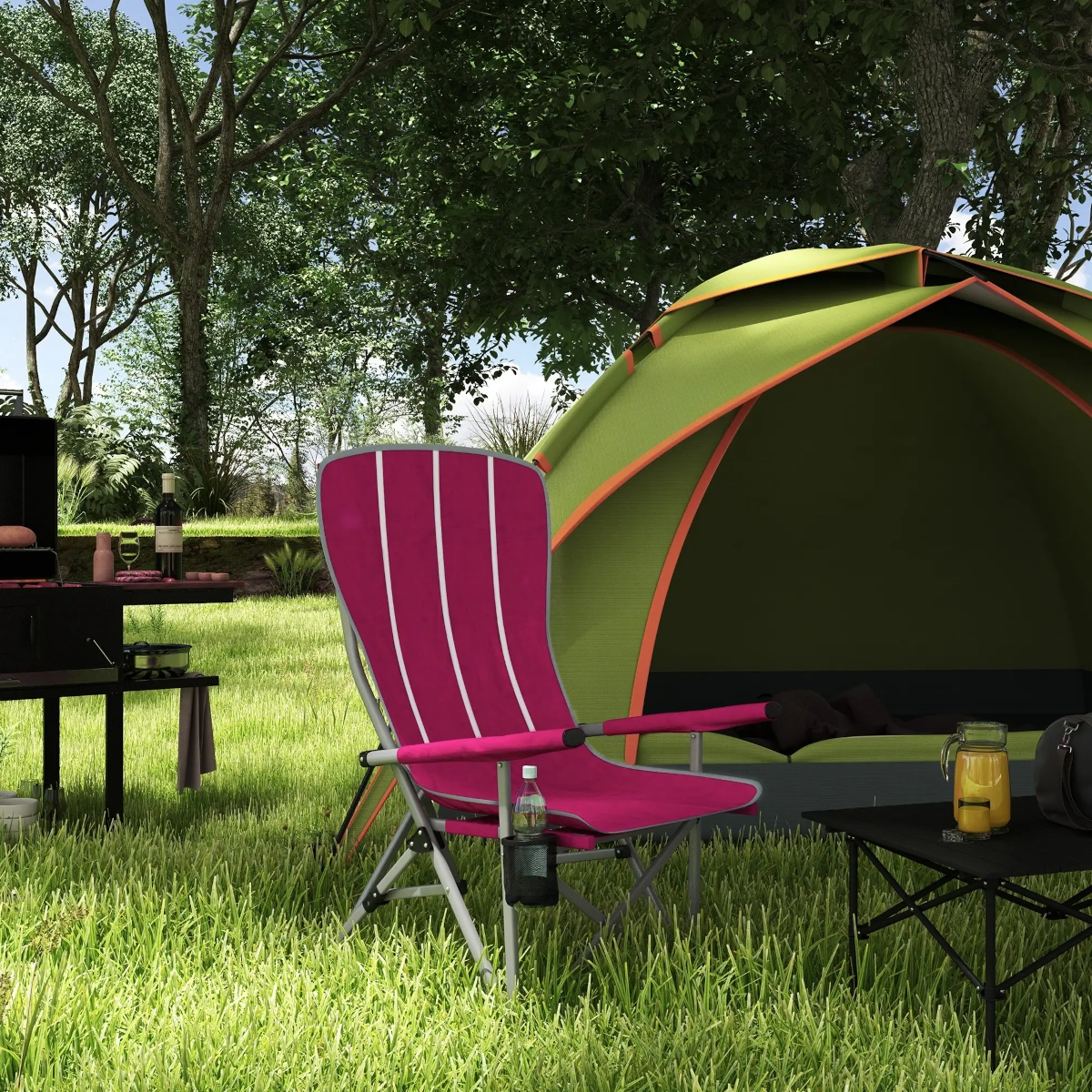 Lightweight folding camping chair with mesh back and armrests, suitable for outdoor relaxation.