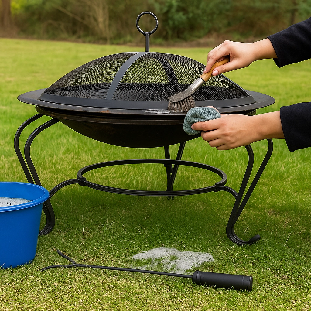 Cleaning a metal fire pit using steel wool and cleaning solution to remove stains and rust.