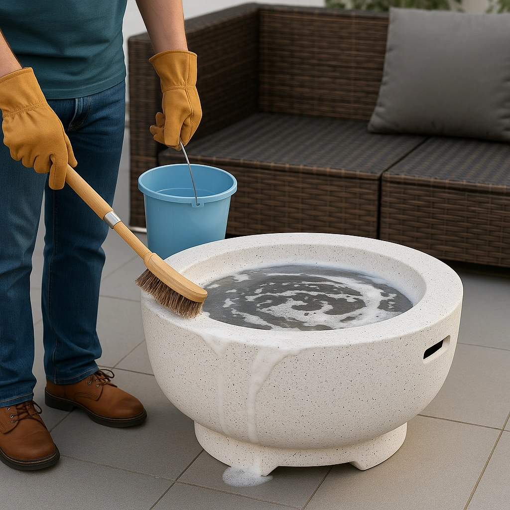 Scrubbing a stone fire pit with a stiff brush to remove soot, dirt, and grime buildup.