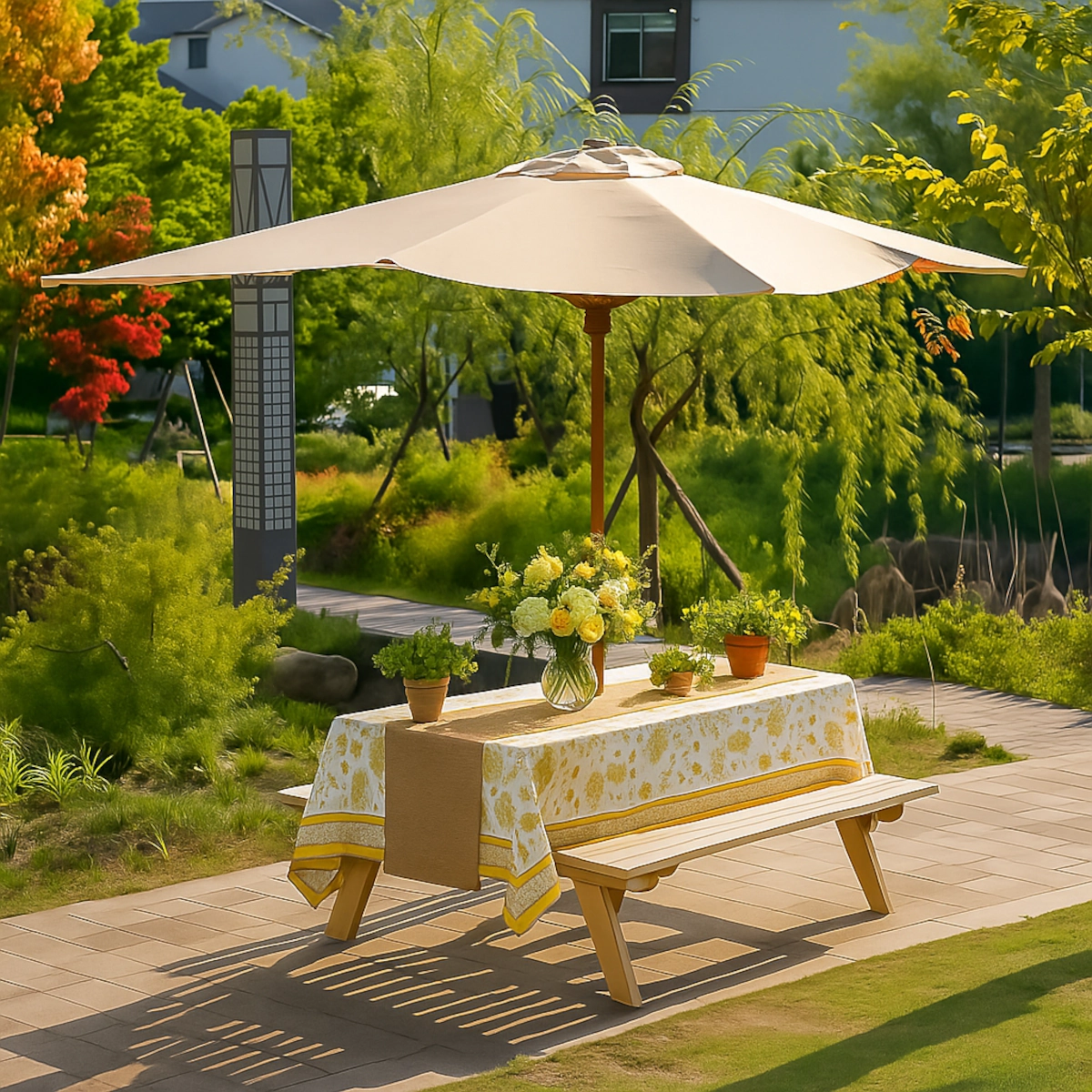 Picnic table with potted plants and yellow flowers set under a large patio umbrella.