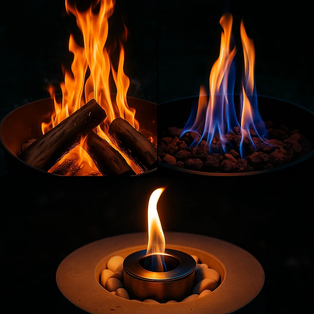 Side-by-side comparison of fire pits using wood, propane, ethanol, and natural gas fuel sources