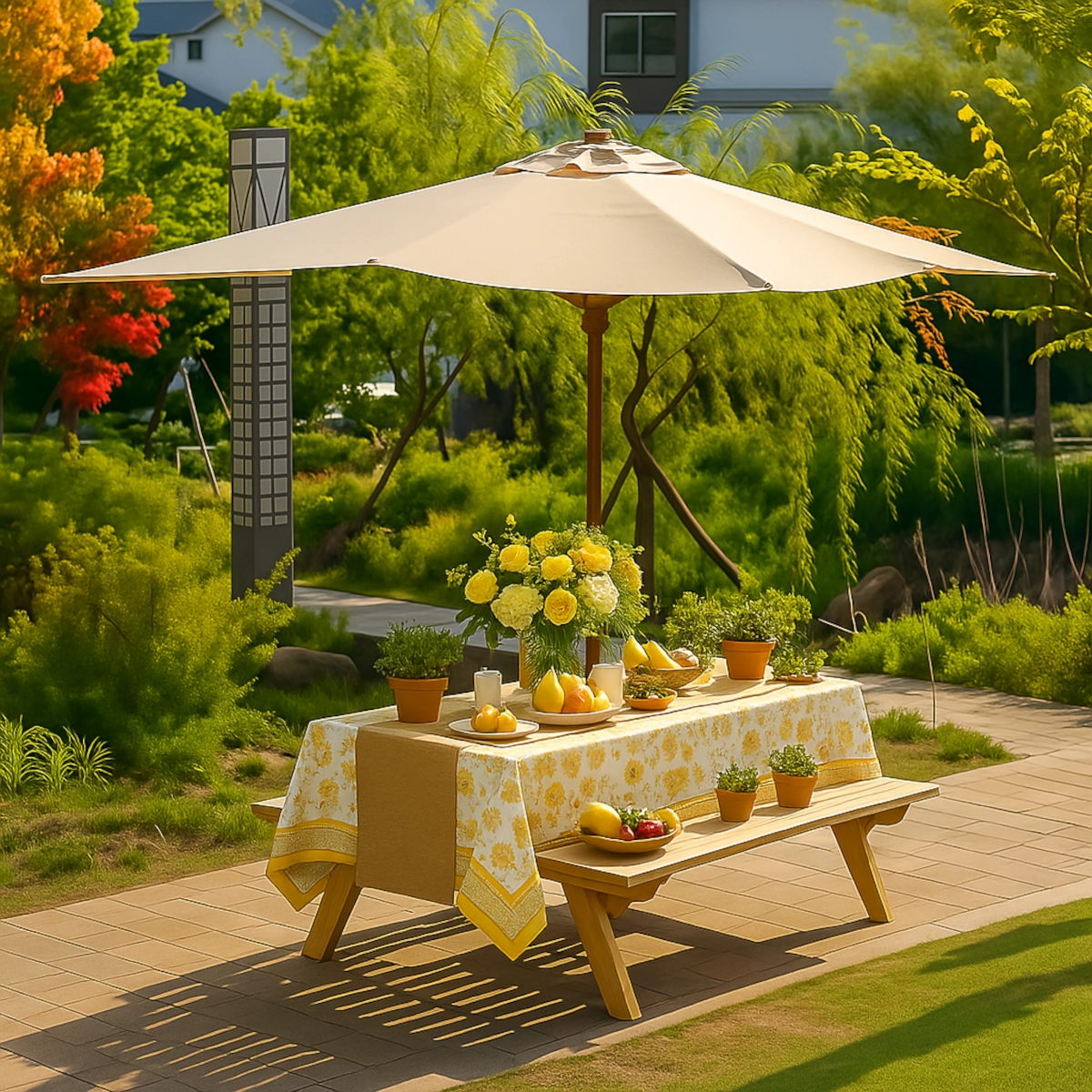 Outdoor table decorated with pears, potted herbs, candles, and fresh flowers for summer gathering.