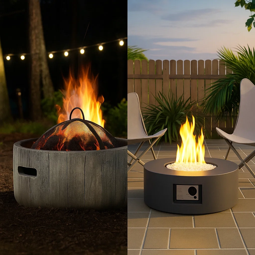 Side-by-side view of gas and wood fire pits in backyard setting for comparison.