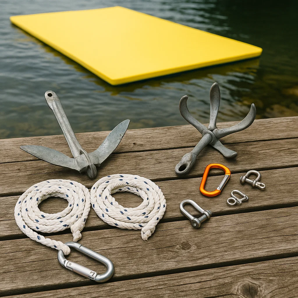 Essential anchoring tools for floating mat including anchors, rope, shackles, and carabiners.