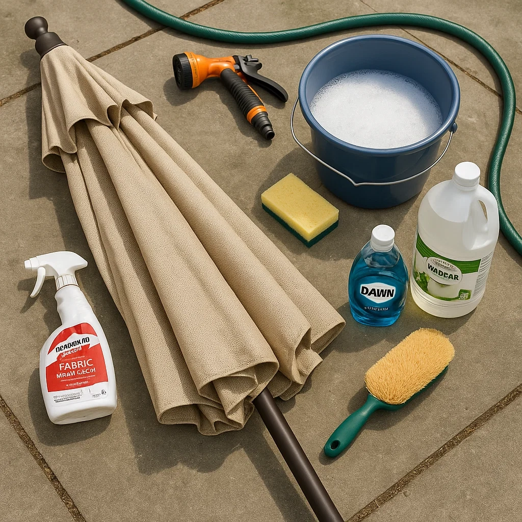 Assorted cleaning supplies including soap, sponge, bucket, and spray bottle arranged on a patio.