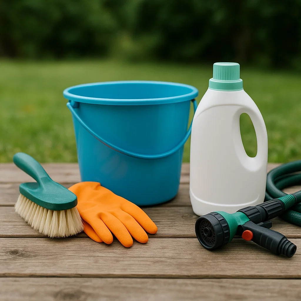 Cleaning supplies including bucket, gloves, detergent, brush, and garden hose on wooden deck.