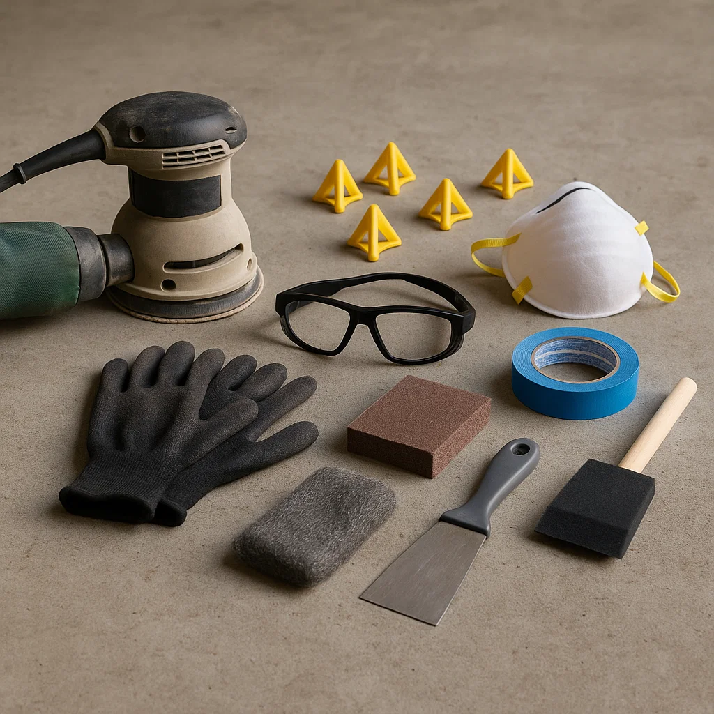 Wood refinishing tools including sander, gloves, tape, scraper, foam brush, mask, and safety goggles.