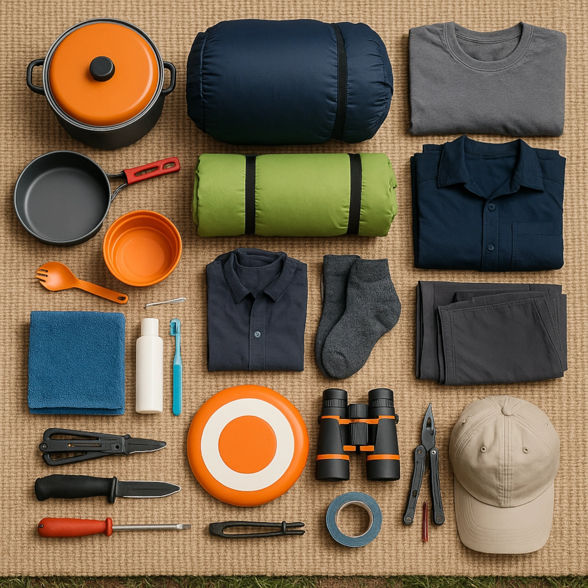 Neatly arranged camping essentials including clothes, cookware, tools, and hygiene items on mat.