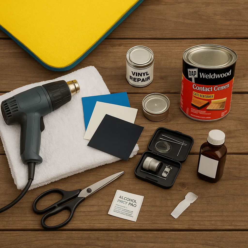 Repair tools including adhesive, patch kit, gloves, and scissors laid out on a wooden surface.
