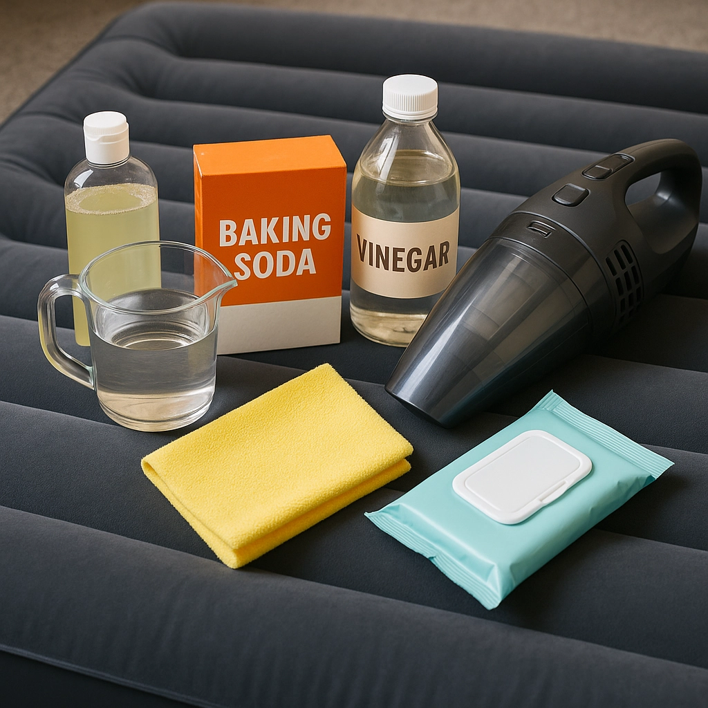 Cleaning supplies including vinegar, baking soda, cloth, and vacuum on air mattress.