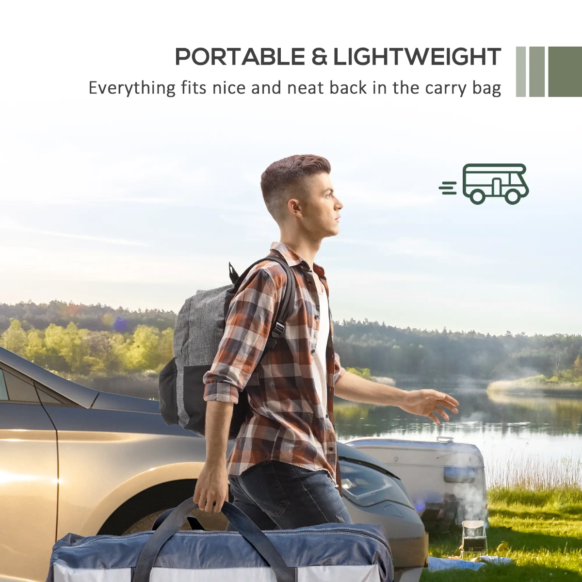Man carrying camping gear and backpack near lake with cars and tents in background.