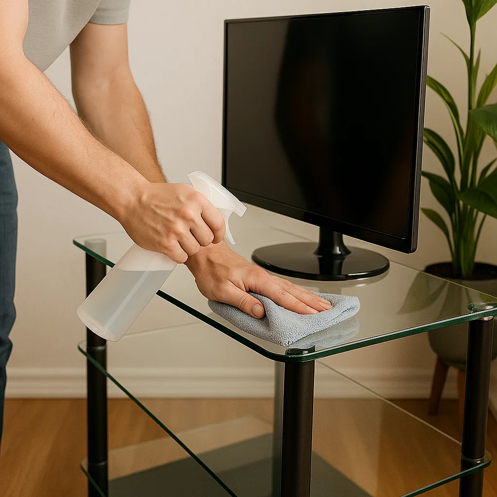 Cleaning a glass TV stand with a microfiber cloth and spray bottle for a streak-free shine.