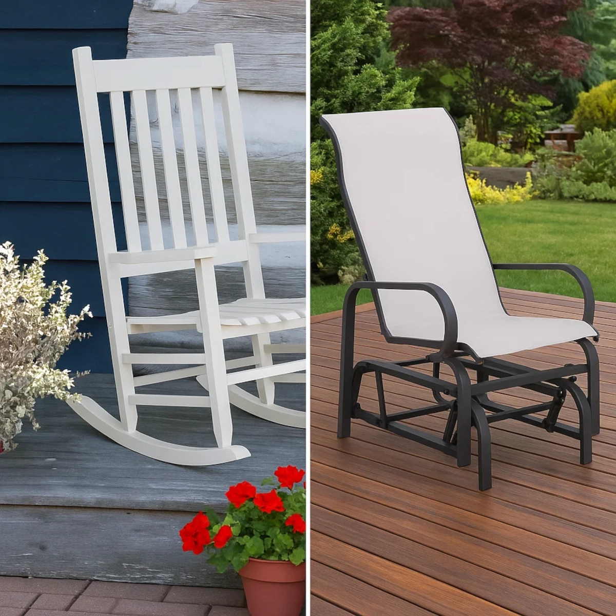 Side-by-side view of a glider and a white rocking chair placed outdoors on decks.