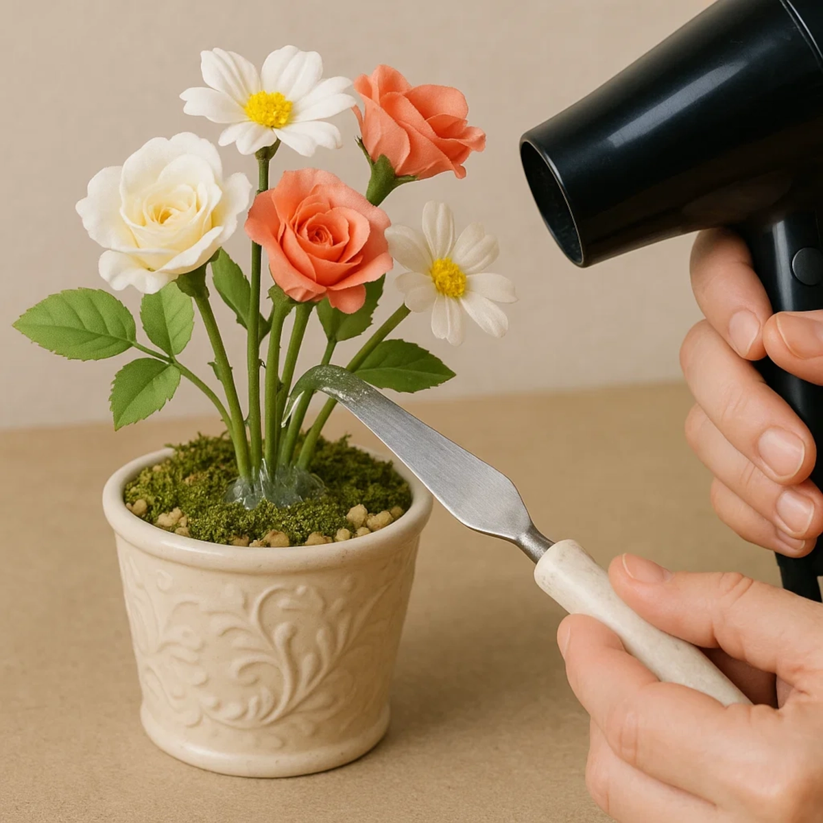 Removing artificial flowers from pot using hair dryer and spatula to soften glue at the base.
