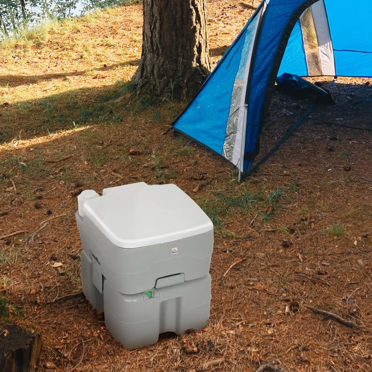 Outdoor portable travel toilet near a blue tent in the forest.