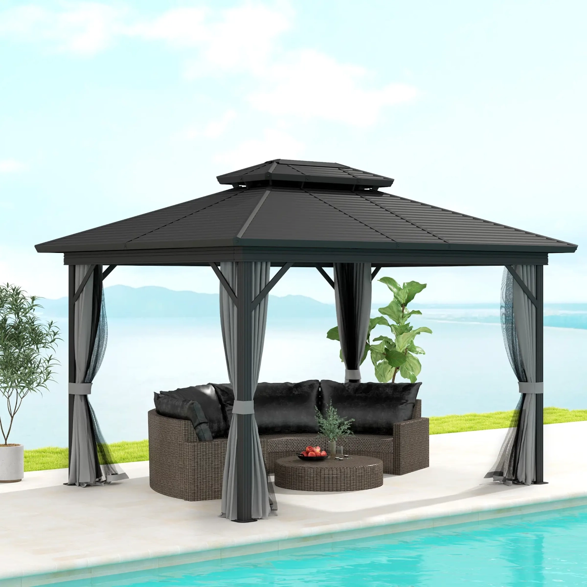 Black hardtop gazebo with a modern design and cozy seating by the water.