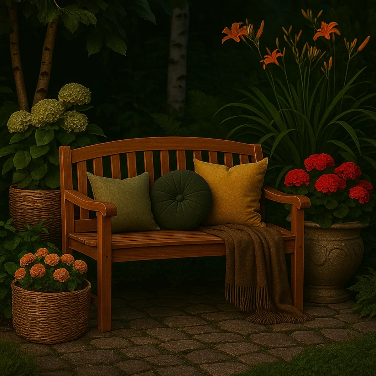 Wooden bench with matching tones to nearby plants and garden decor.