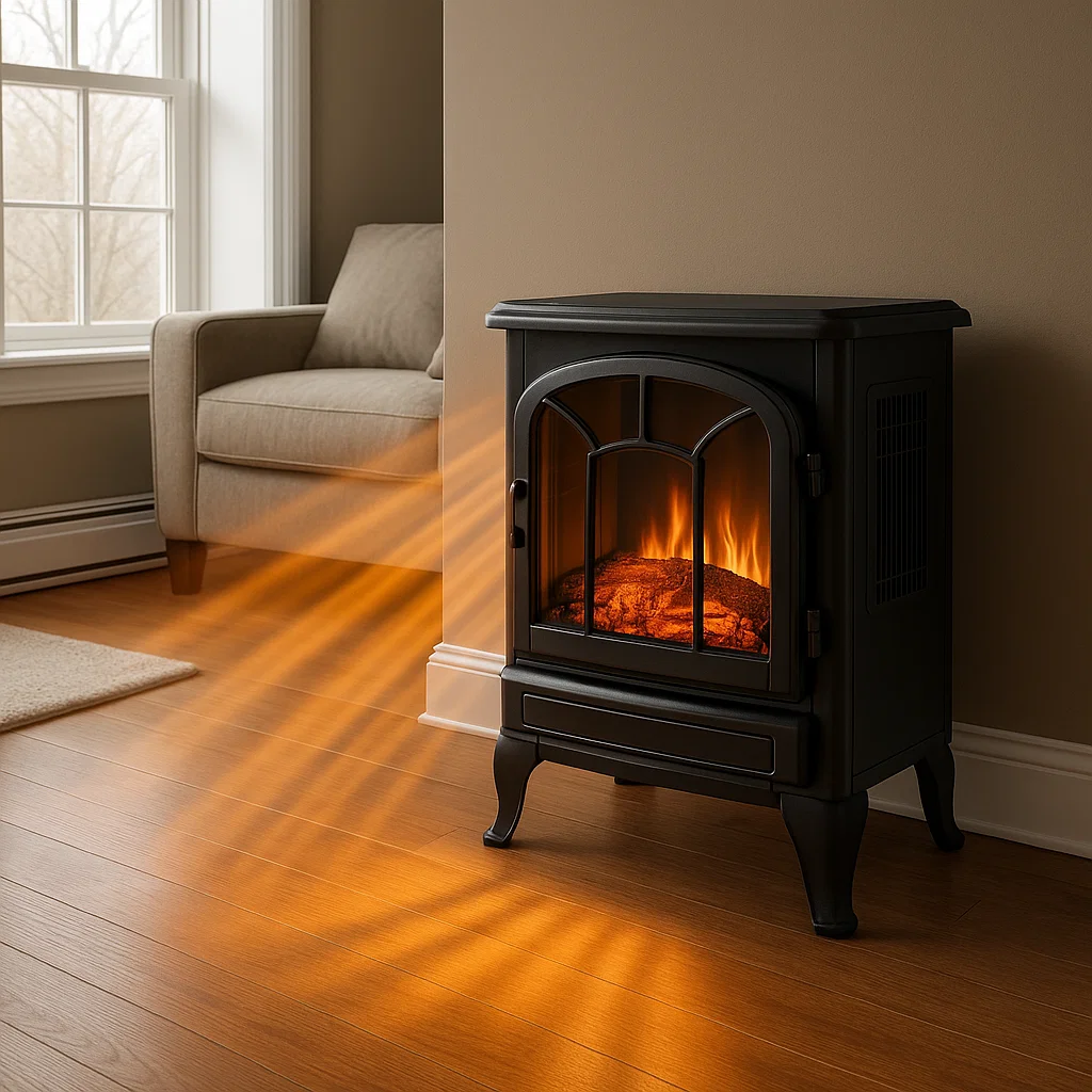 Freestanding electric fireplace emitting warm air across a living room floor near a window and armchair.