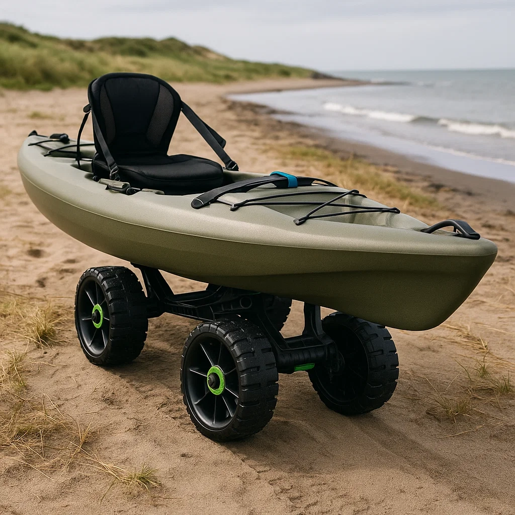 Green kayak on a rugged cart with thick wheels parked on grassy beach shore.