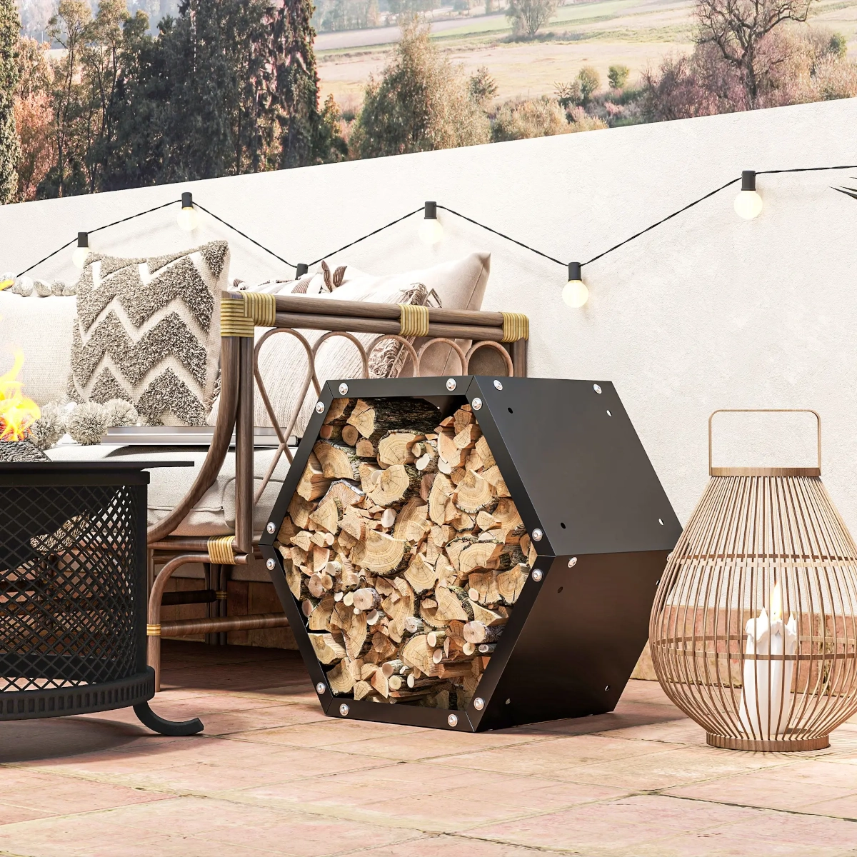Hexagonal firewood rack filled with logs beside patio seating and string lights for decor.