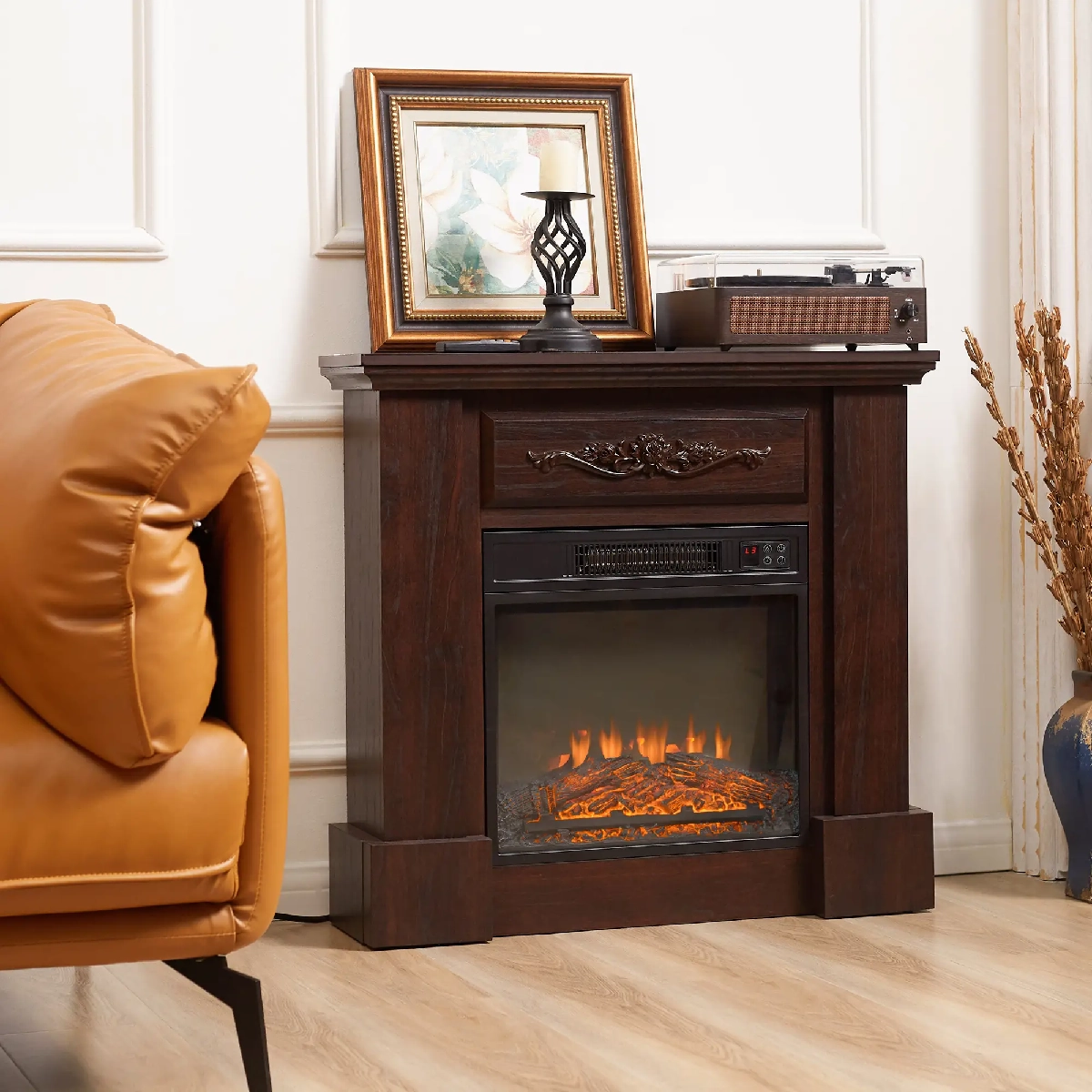 Classic-style electric fireplace with realistic flame display integrated into a wood mantel cabinet.