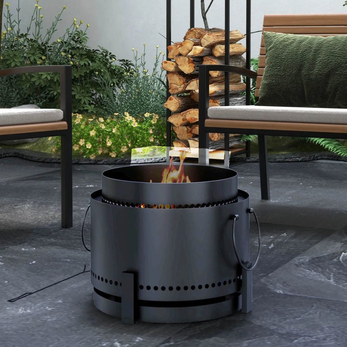 Modern smokeless fire pit burning with chairs and stacked firewood in a cozy backyard patio setting.