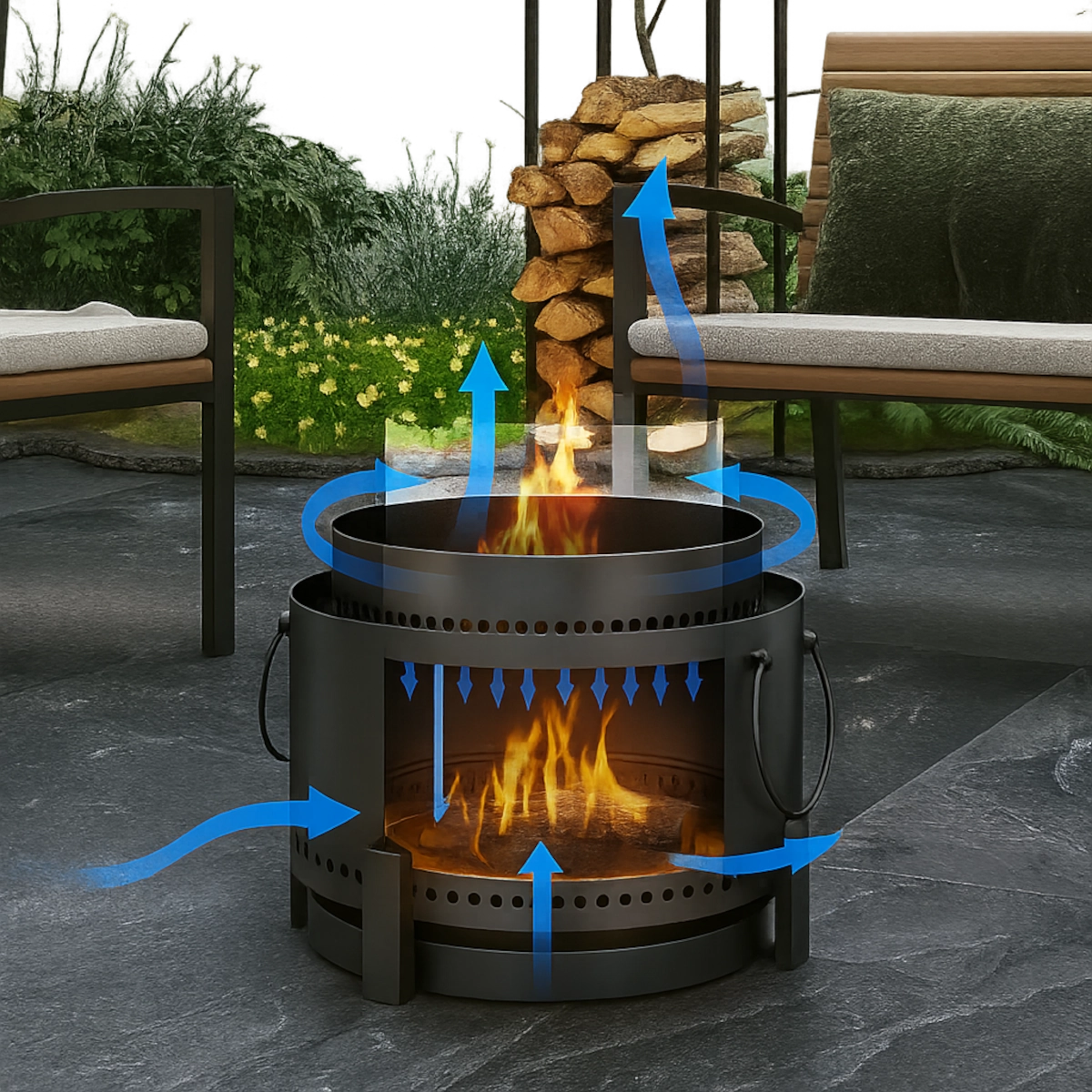 Visual airflow diagram showing how a double-wall fire pit circulates air for smokeless combustion.