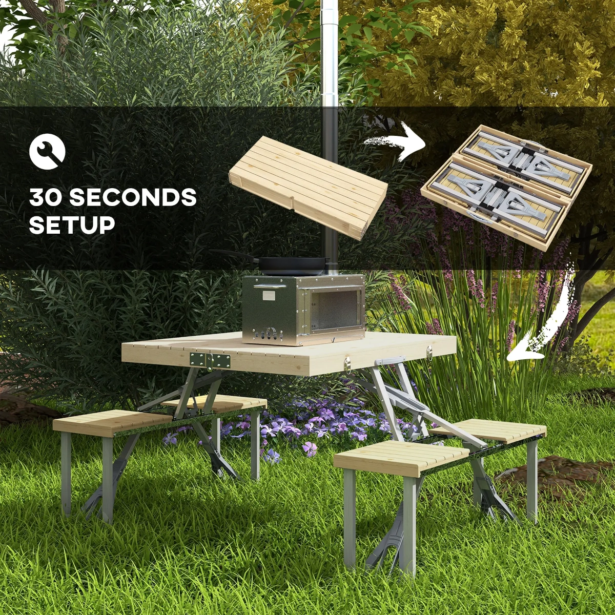 Quick setup picnic table beside garden with folded tabletop insert