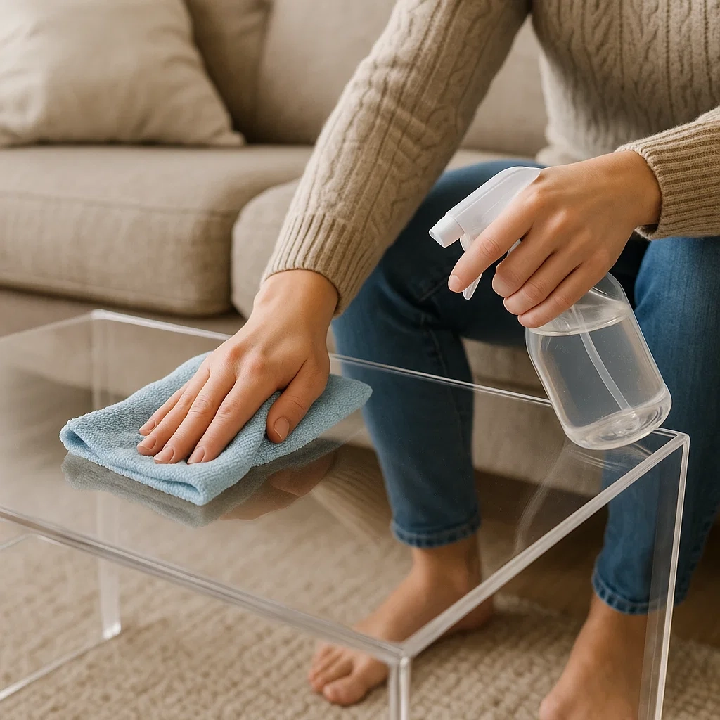 Person cleaning clear acrylic coffee table with a spray bottle and blue microfiber cloth.