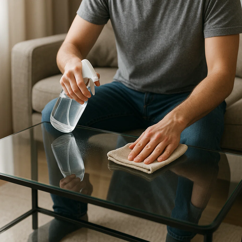 Person cleaning a glass coffee table with a spray bottle and beige microfiber cloth.