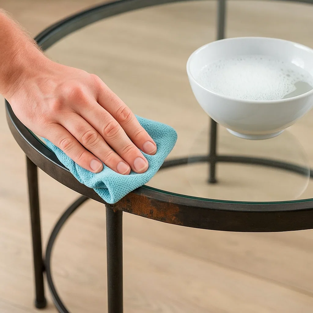 Hand wiping metal-framed round glass coffee table with blue cloth and bowl of soapy water.