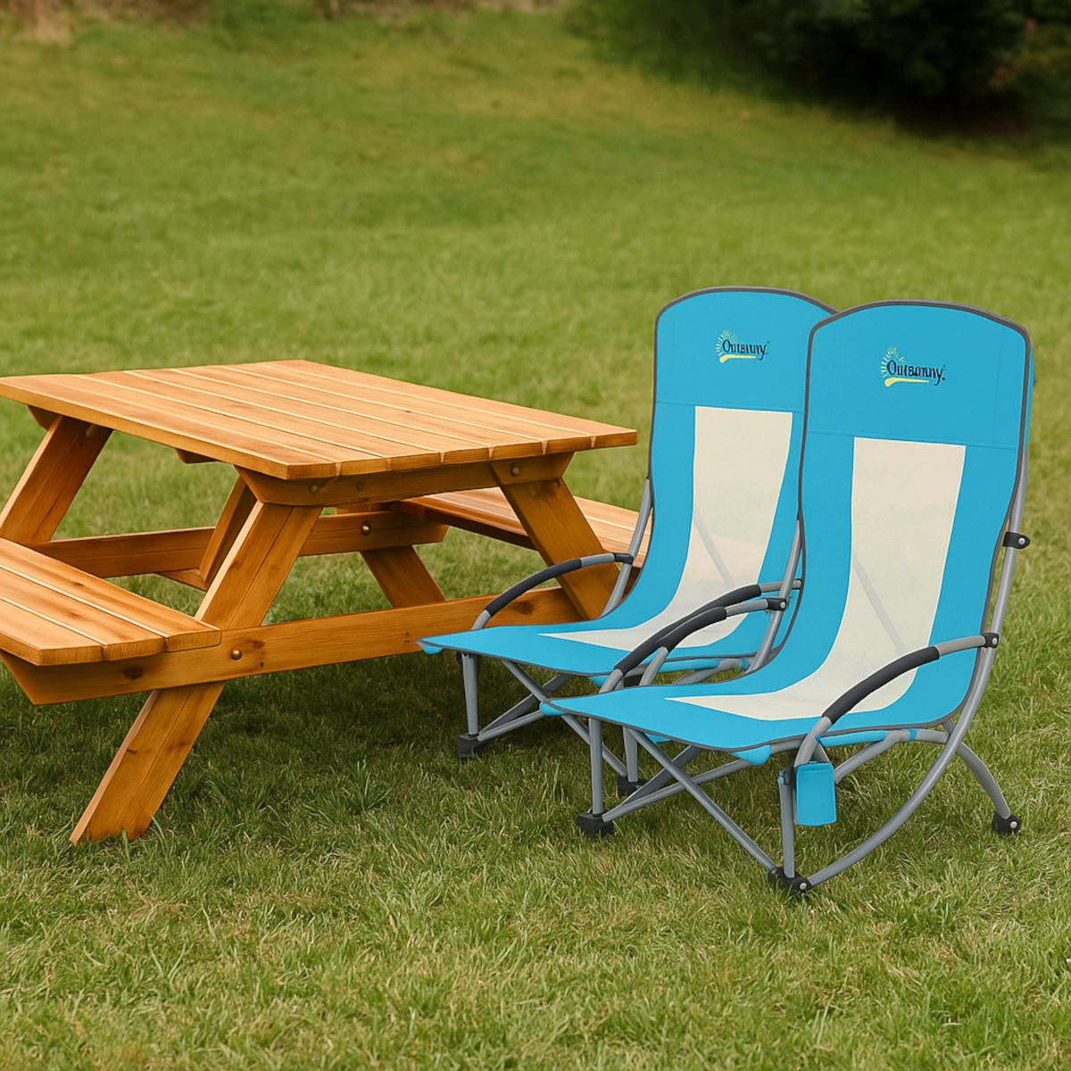 Clean picnic table and chairs in outdoor setting ready for use after thorough cleaning.