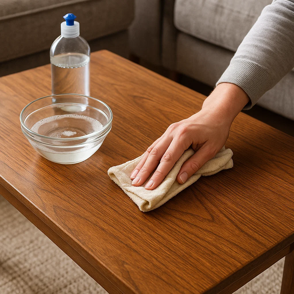 Hand using beige cloth and soapy water to clean a wooden coffee table in a living room.