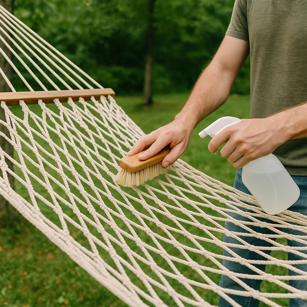 Hand brushing rope hammock with visible dirt patch on green lawn.
