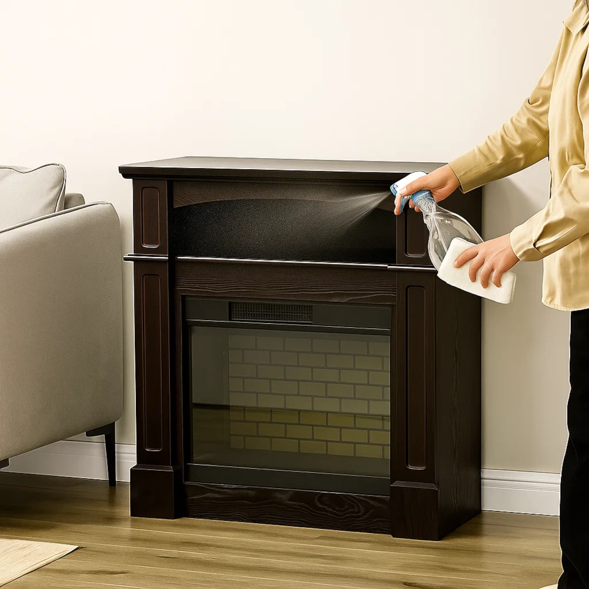 Person spraying cleaning solution onto dark wood electric fireplace surface with a microfiber cloth in hand.