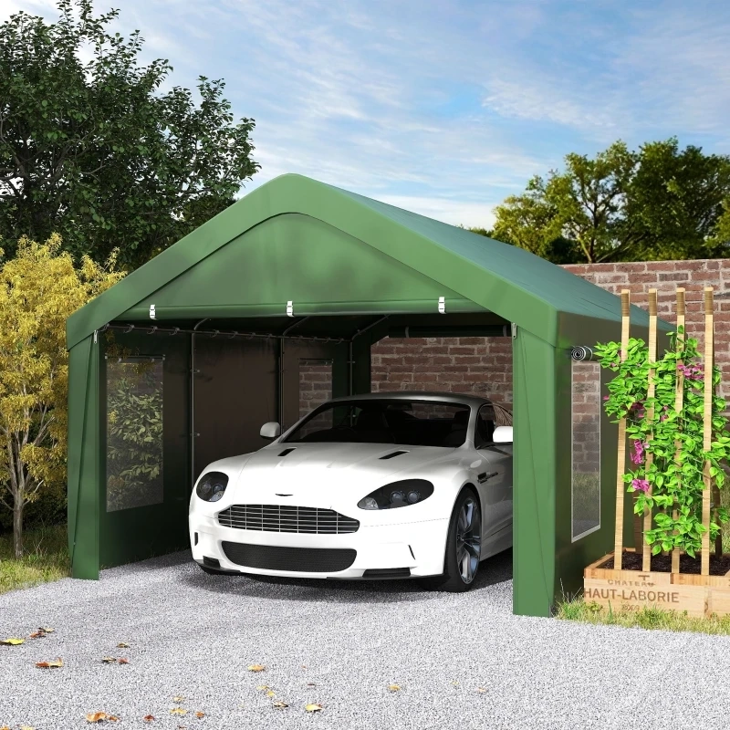 Green canopy carport with white sports car parked under it on gravel driveway with garden planter.
