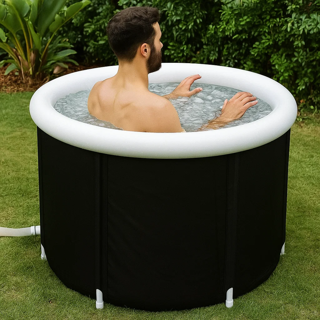 Individual slowly entering cold plunge tub to minimize shock and discomfort.