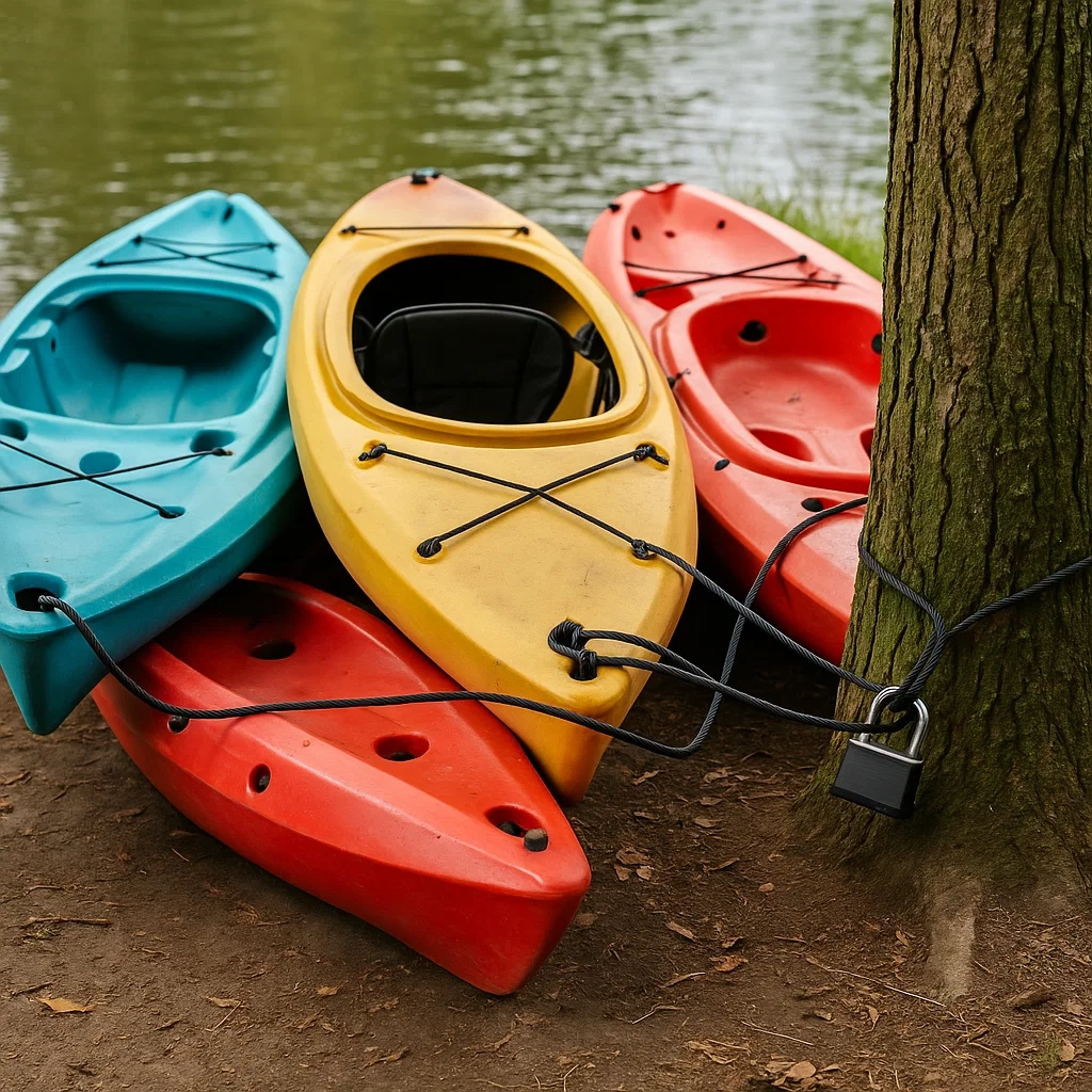 Four colorful kayaks locked together with cable around a tree near lakeside shore.