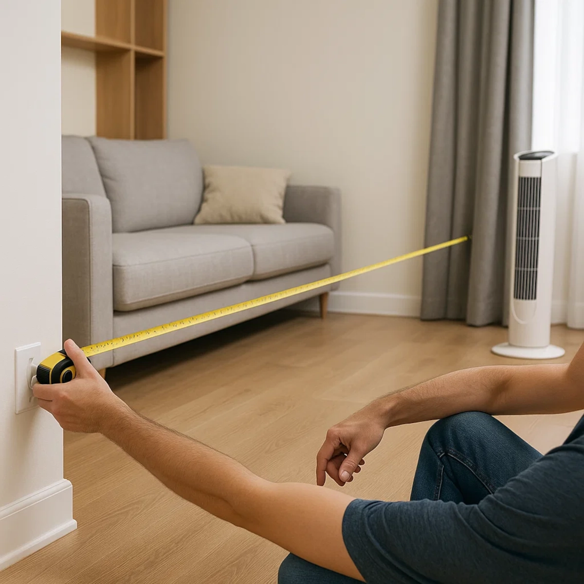 Person using a tape measure to determine room size.