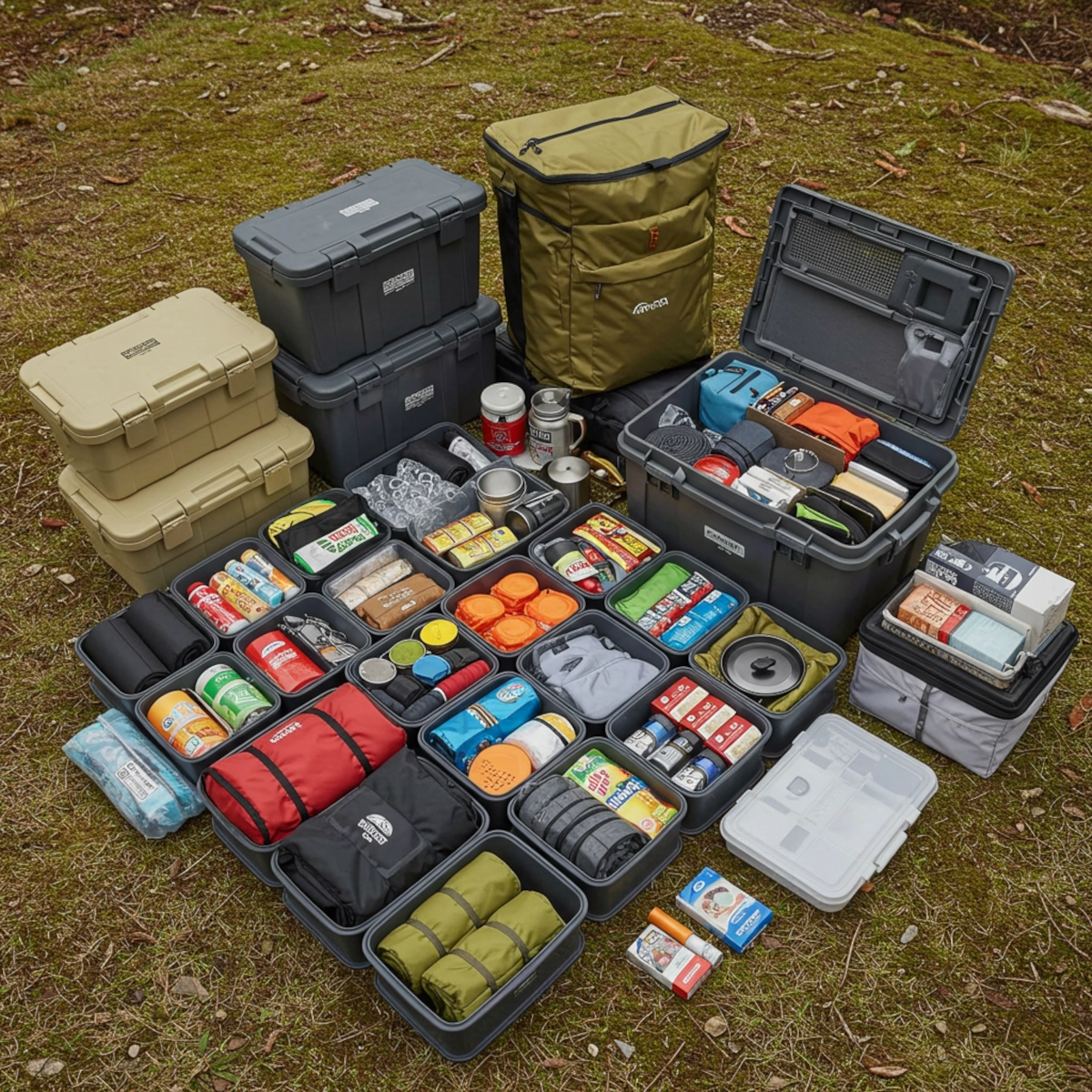 Multiple plastic bins perfectly packed with labeled camping gear for a well-organized trip.