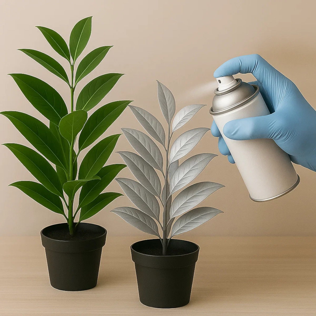 Spraying silver paint on artificial plant next to green plant, person wearing blue gloves.