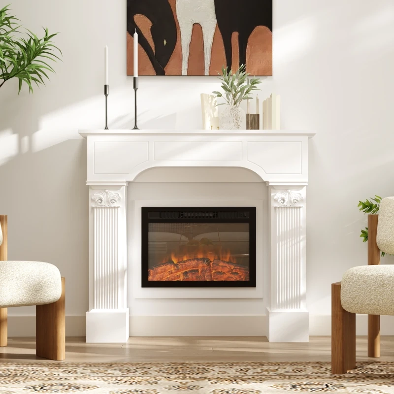 Painted white fireplace mantel with modern decor in a bright living room.