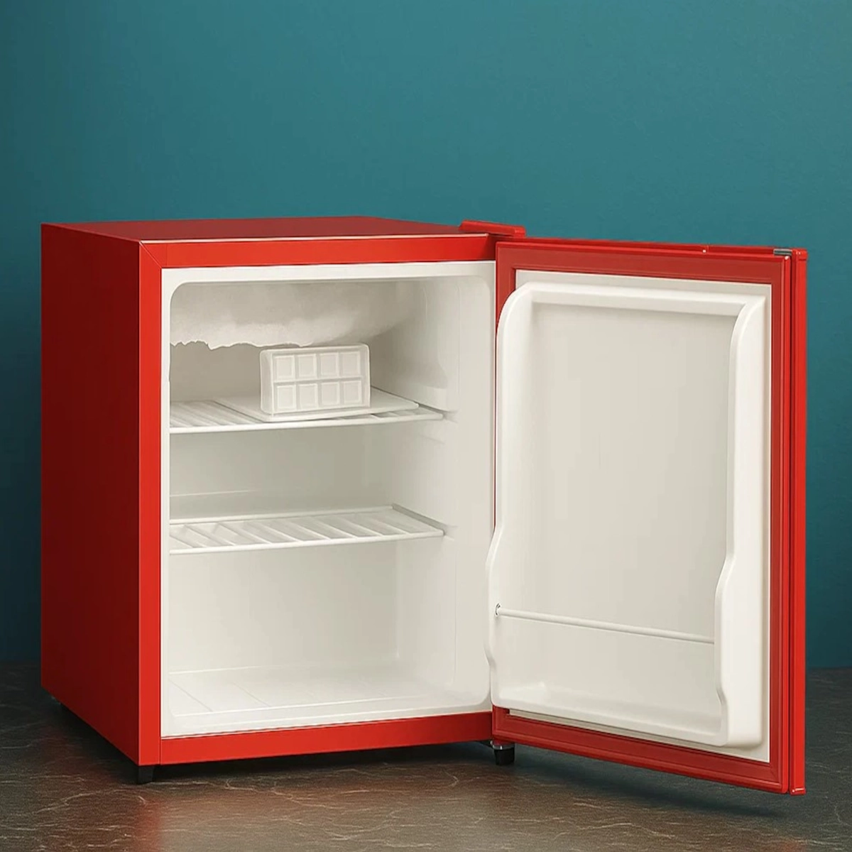 Open red mini fridge with light frost on freezer wall.