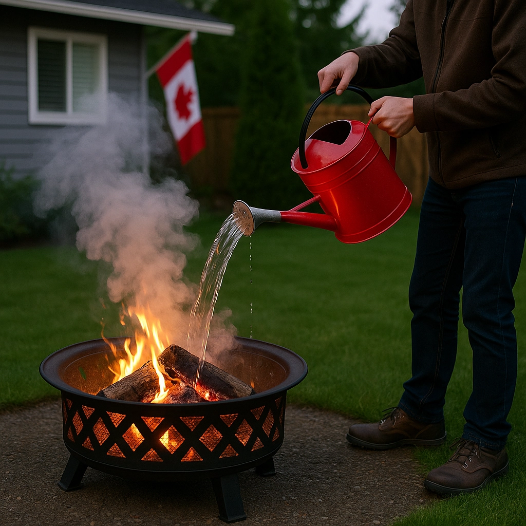 Person demonstrating safe fire pit extinguishing techniques using water, sand, and proper tools.