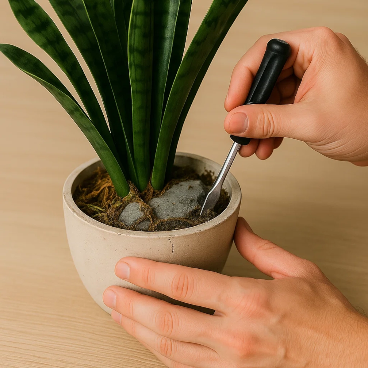 Removing artificial plant from pot by prying around the base with a flathead screwdriver