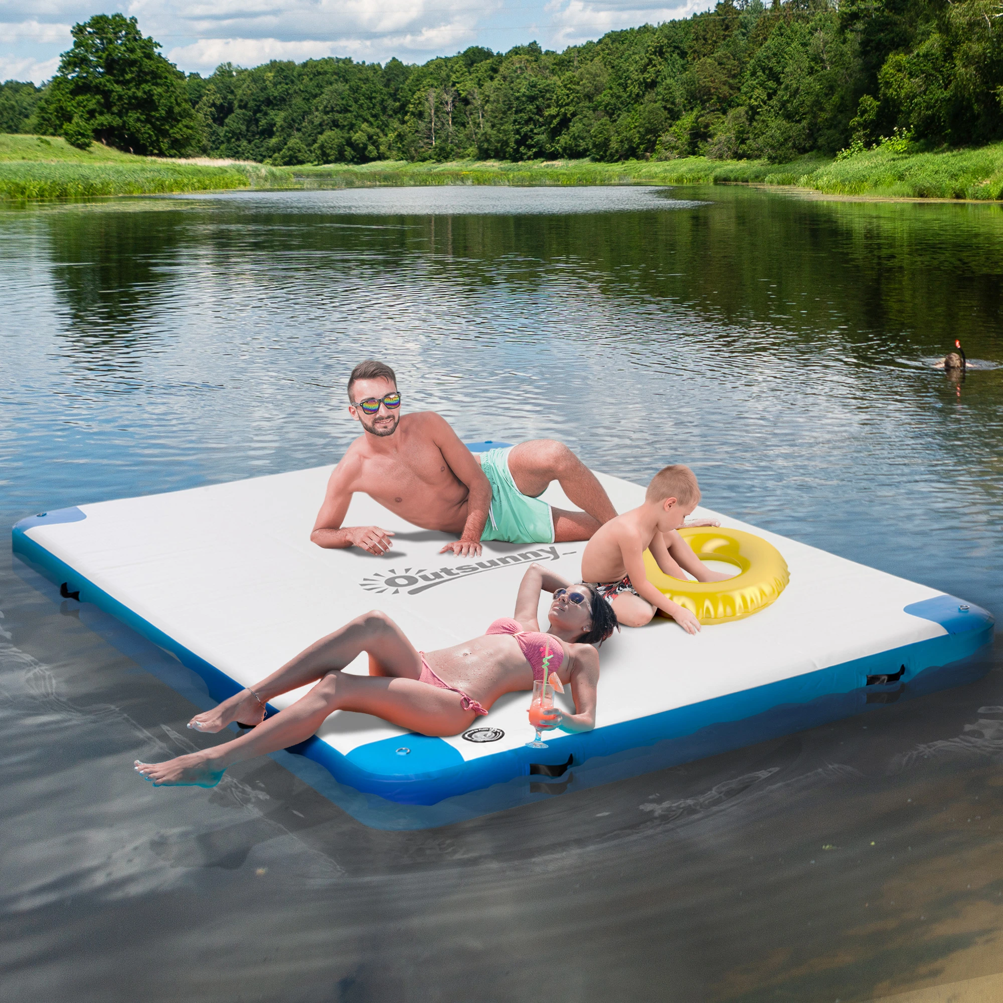 Couple enjoying in a pool on floating water mat.