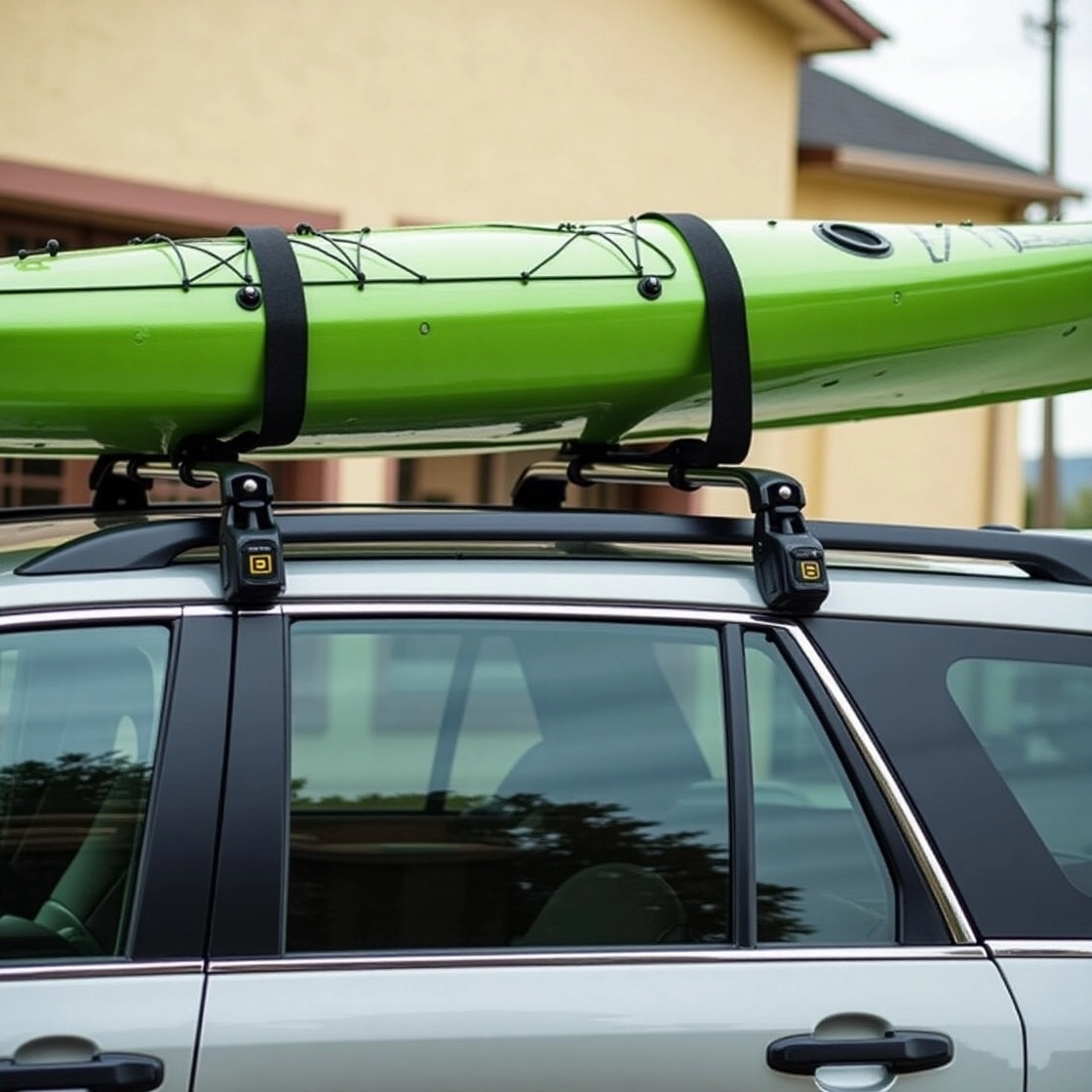 Green kayak strapped securely to car roof rack outside residential building.